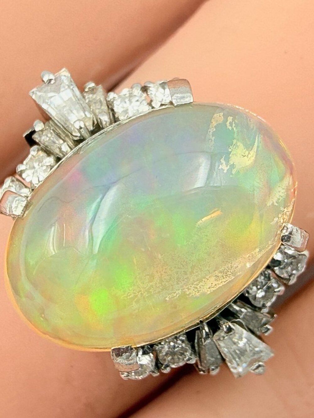 Vintage Signed 1950's Platinum Natural Jelly Opal Cab Diamond Ring Sz